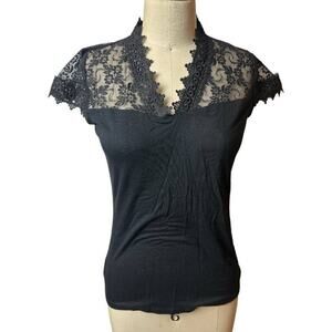 INC Black Lace Cap Sleeve Blouse Top Women's Size S